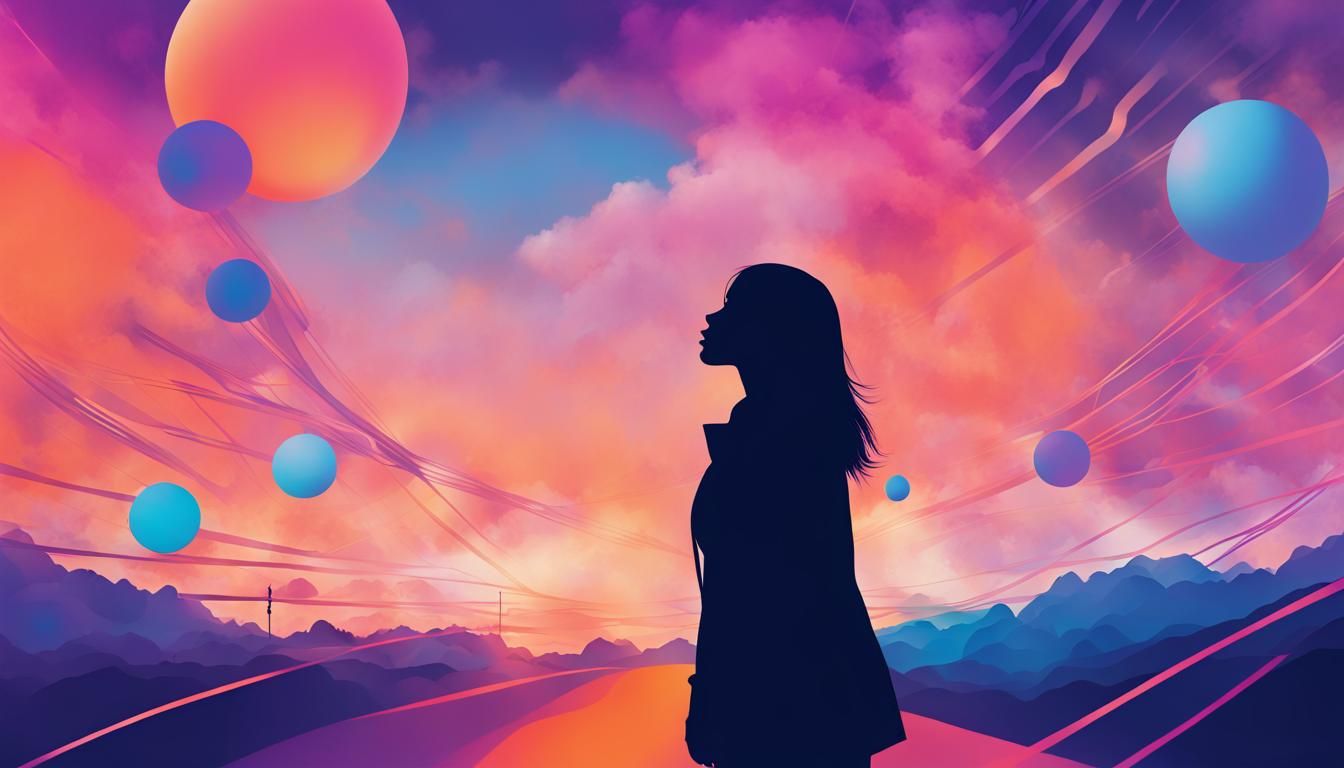 Girl Silhouetted Under a Colorful Abstract Sky