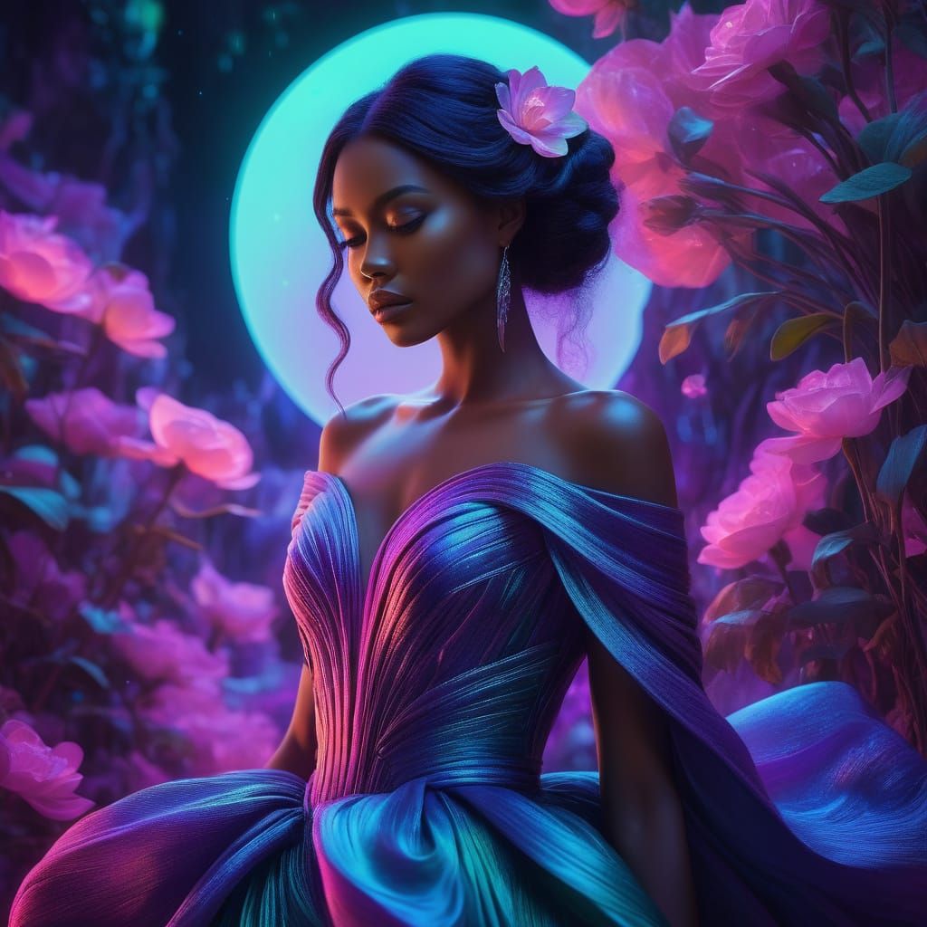 Ethereal Fantasy Woman in Neon Noir Aesthetic