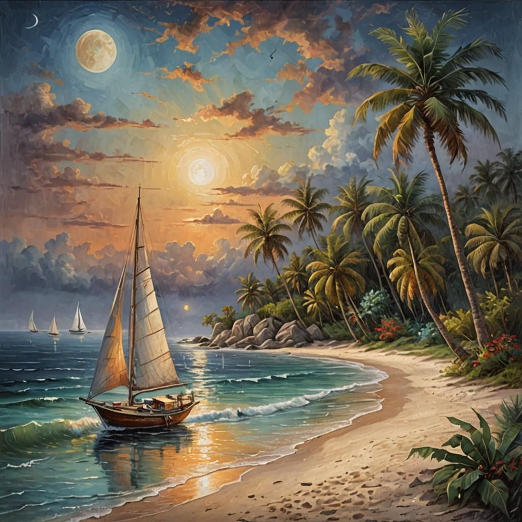 Tropical Beach at Night in Chuck Pinson Style