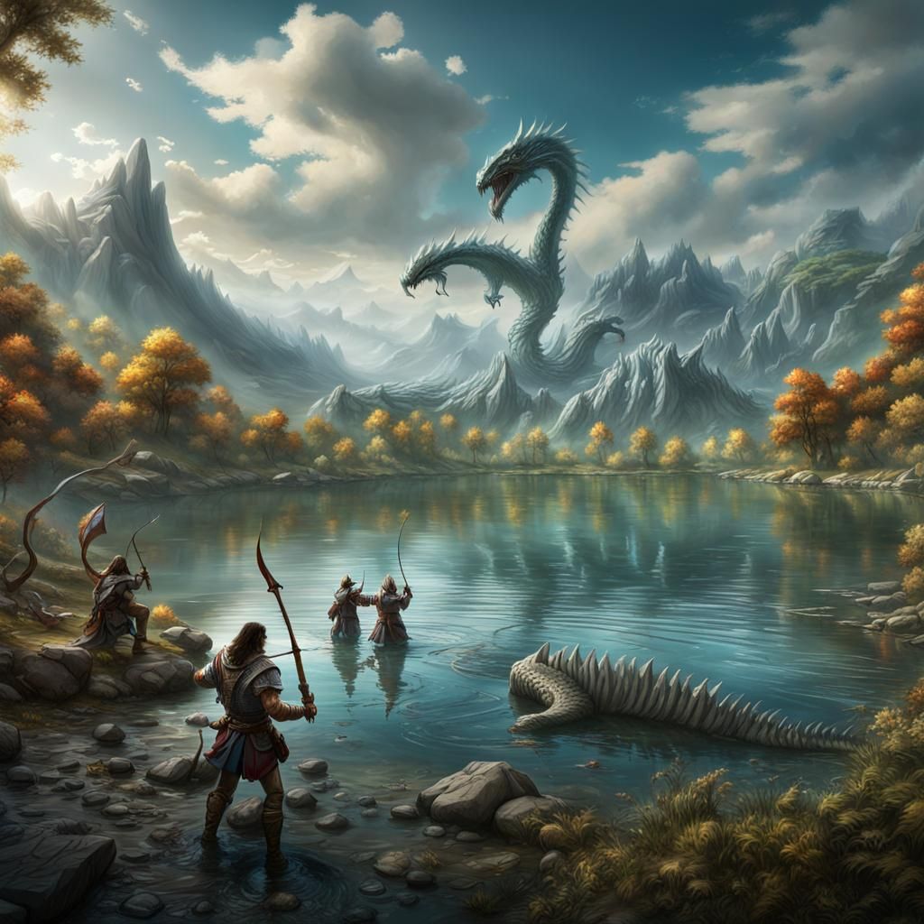 Epic Battle at Legendary Lake: Fantasy Concept Art
