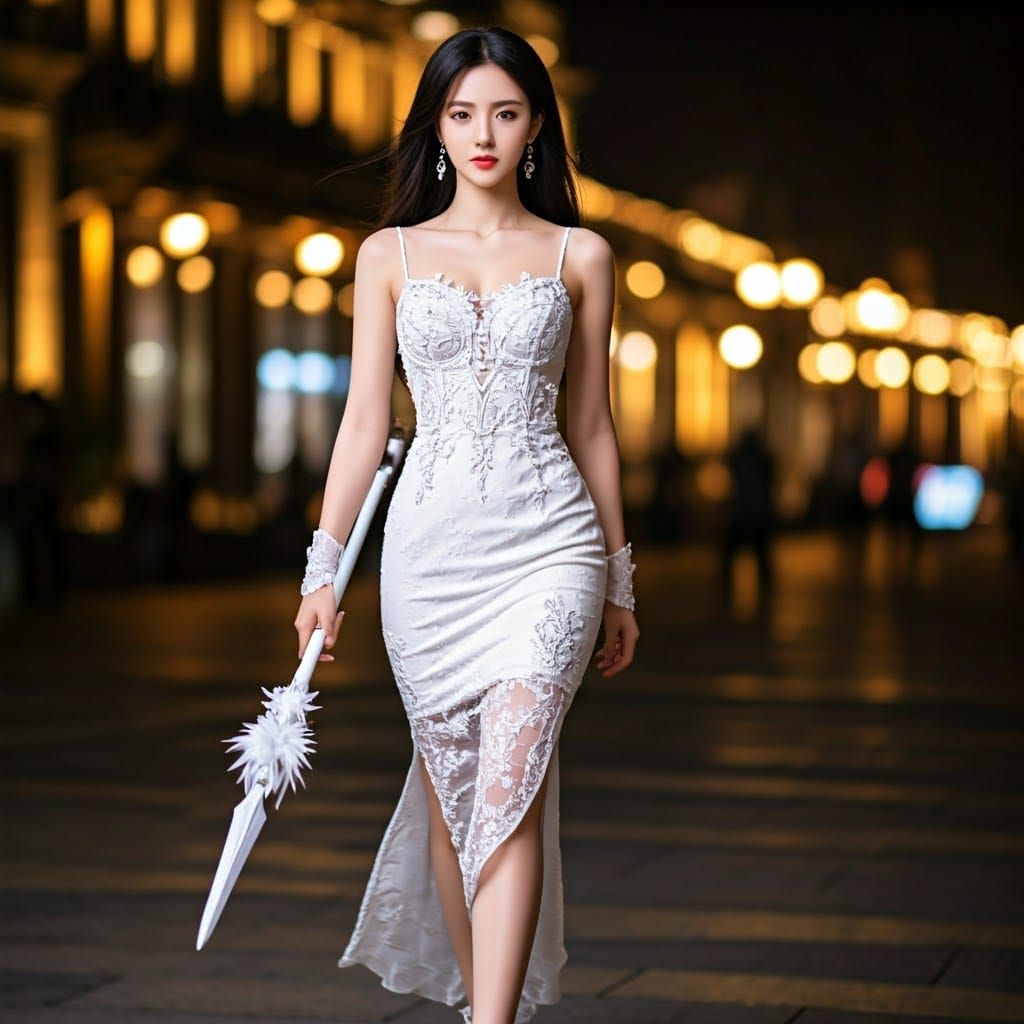 Chinese Goddess Walking Shanghai Streets at Night