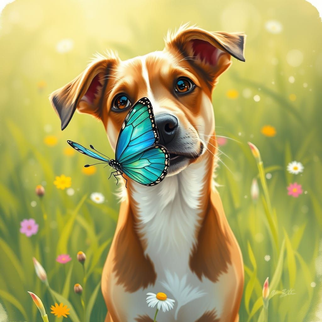 Playful Dog with Butterfly in Whimsical Impressionist Style