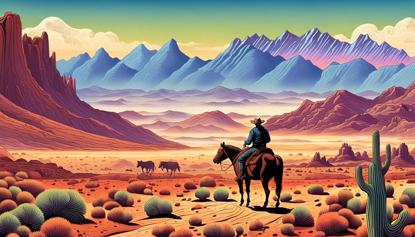 Cowboy Rides in Retro Psychedelic Desert Landscape