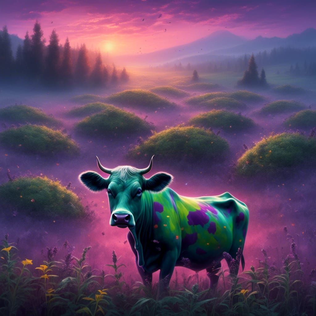Green and Purple Cow in Marijuana Field at Sunset