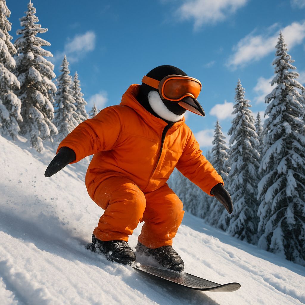 Penguin Snowboarding Down a Mountain