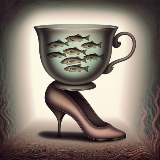 Surreal Fish in Teacup on Shoe, Escher Style