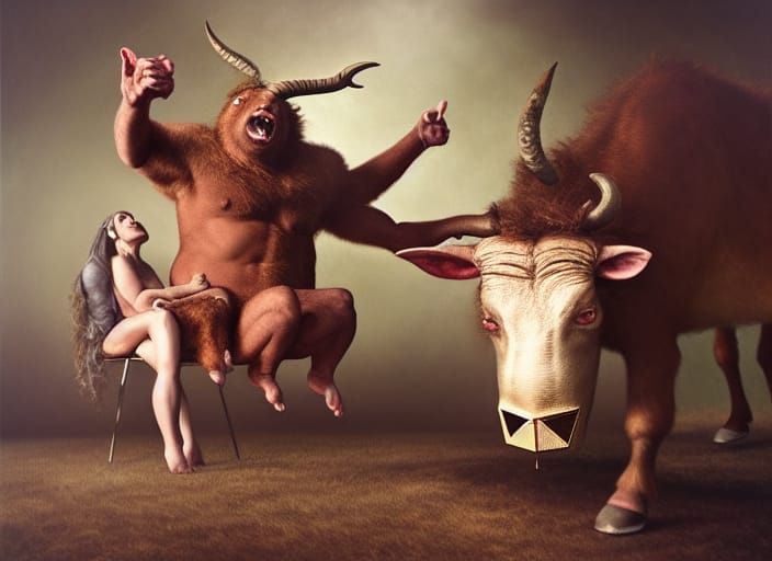 Hyperrealistic Minotaur Tantrum: Sinister Photography