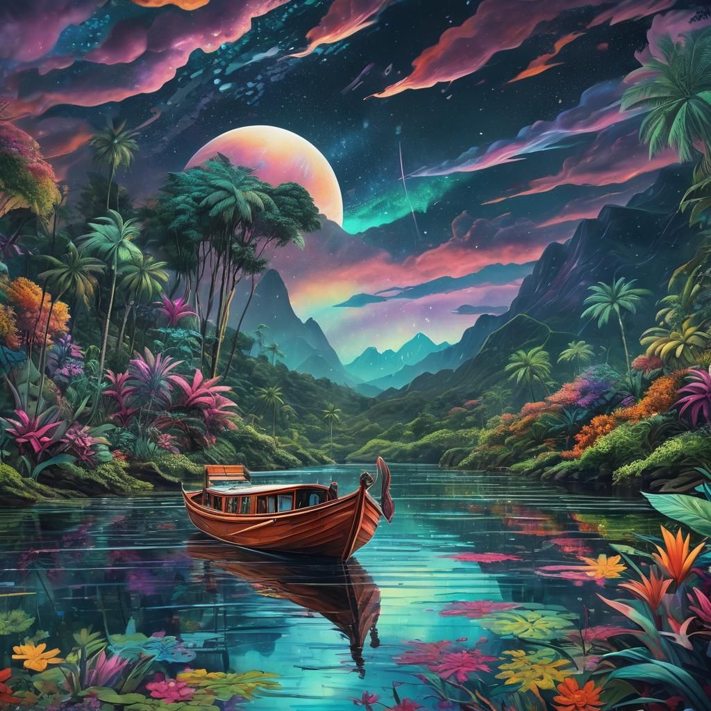 Caribbean Boat on Lake in Astral Cosmic Style