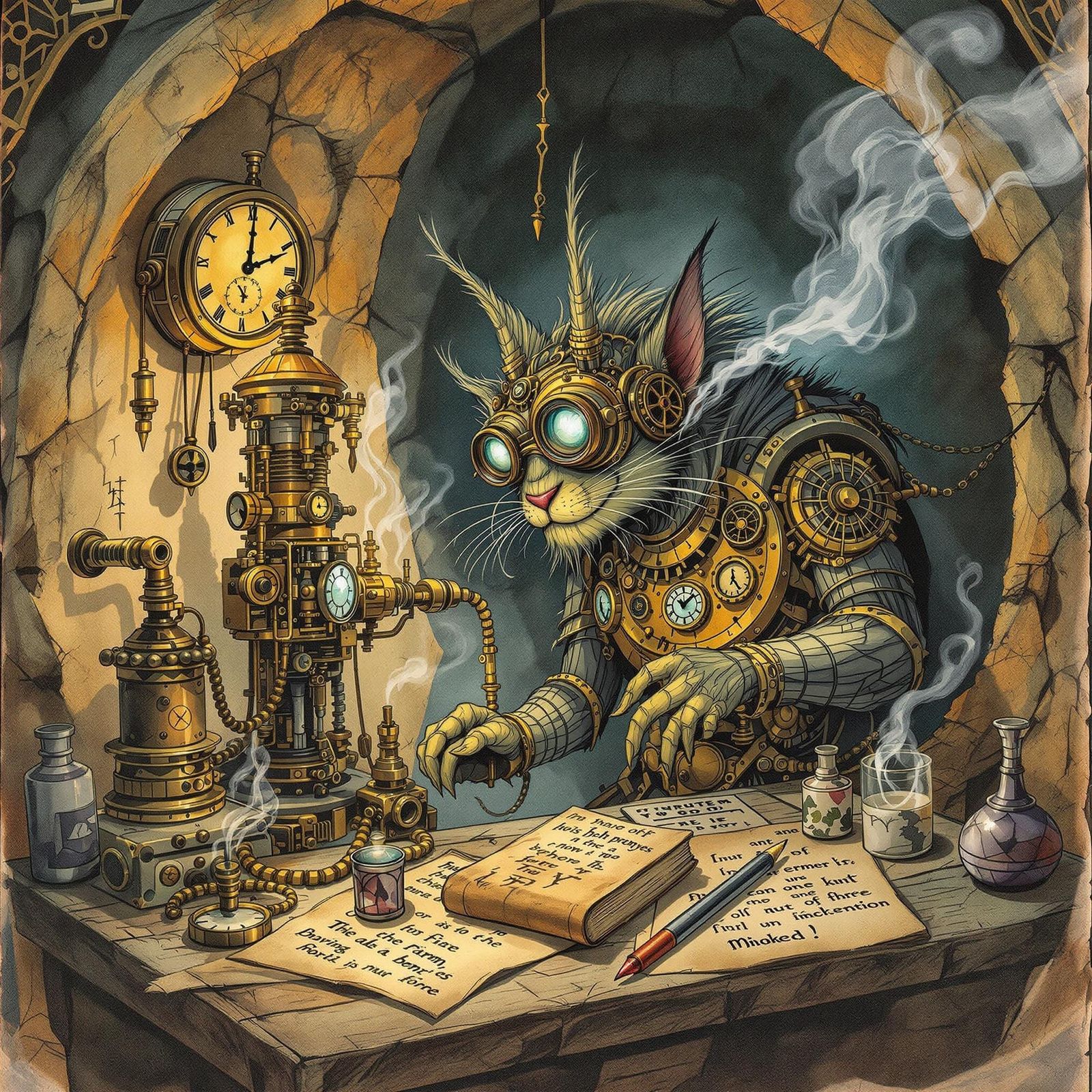 Steampunk Troll-Cat in Underground Workshop Illustration