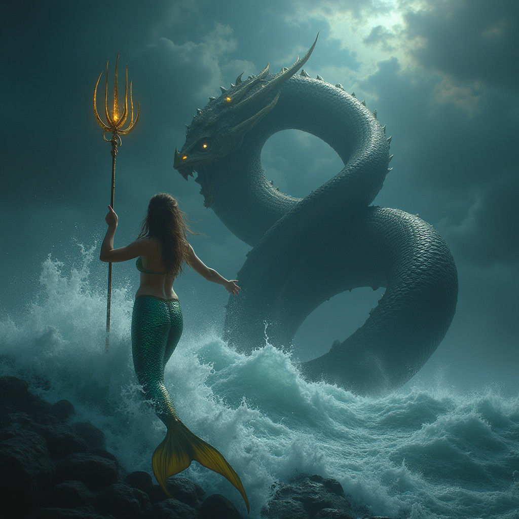 Mermaid Strikes Leviathan in Dark Biomechanical Ocean
