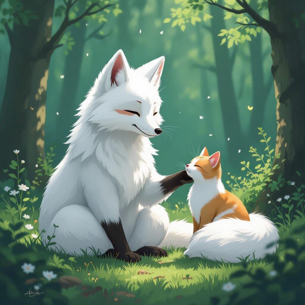 White Fox Patting Cat: Whimsical Forest Scene