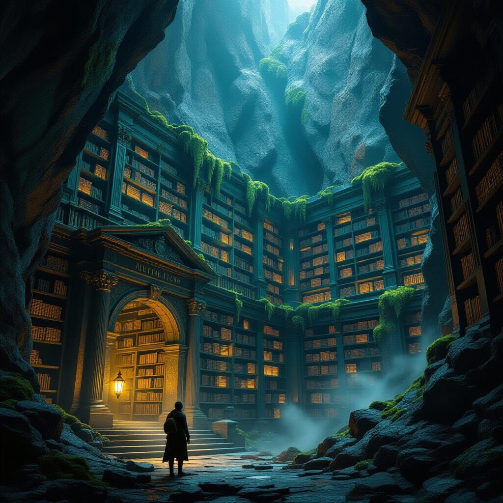 Ancient Mountain Library with Glowing Texts, Matte Painting ...