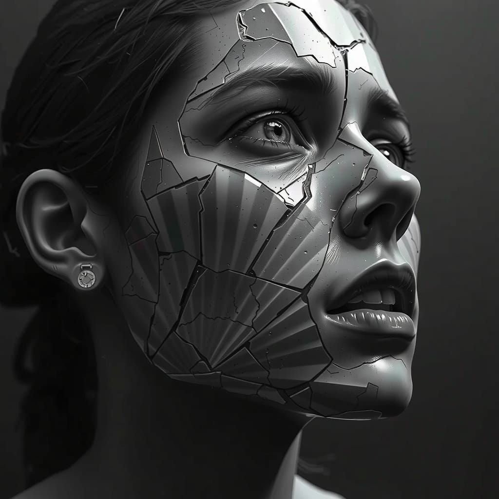 Distraught Face Reflected in Shattered Mirror: 5D Render