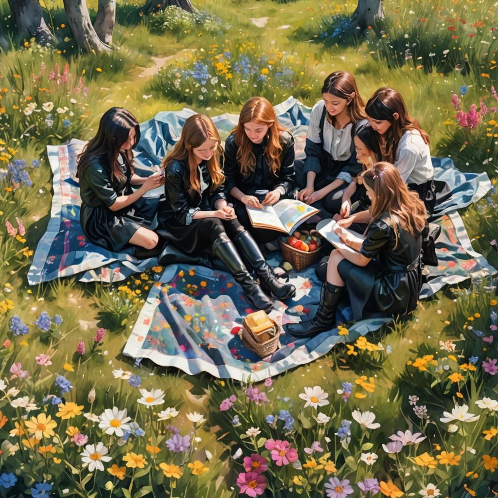 Schoolgirls Picnic in Picardy: Whimsical Watercolor Fantasy