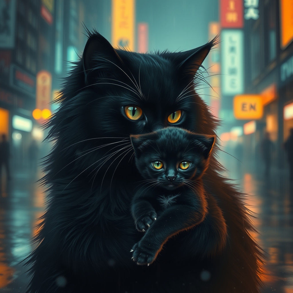 Cats Cuddling in Dystopian Cyberpunk Cityscape