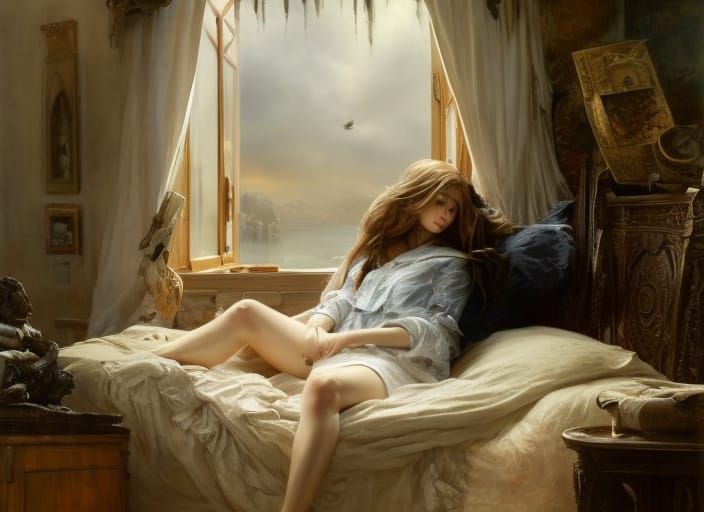 Woman Painting in Bedroom: Digital Art Style