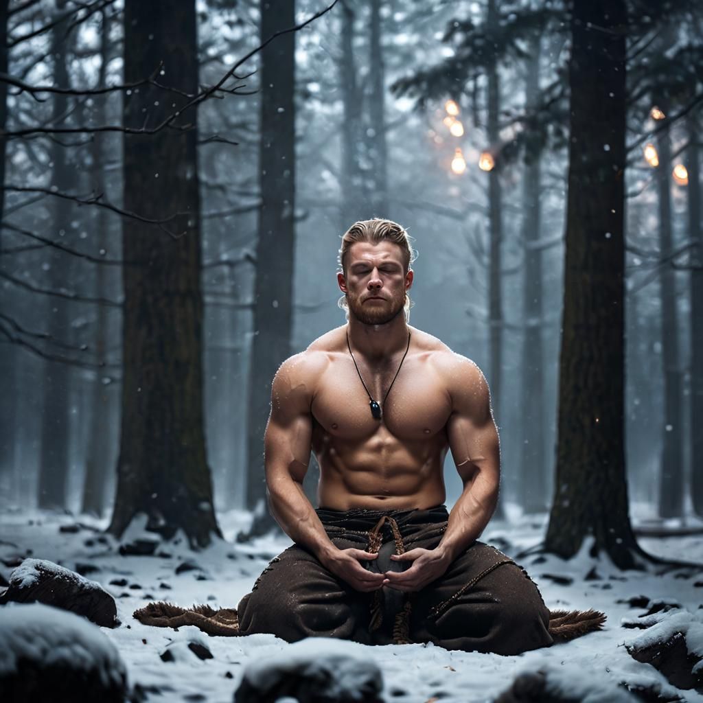 Meditative Viking in Ethereal Winter Landscape