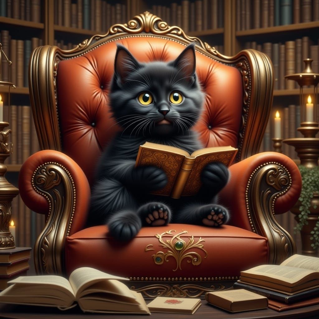 Cute Kitten Reading Book in Whimsical Library