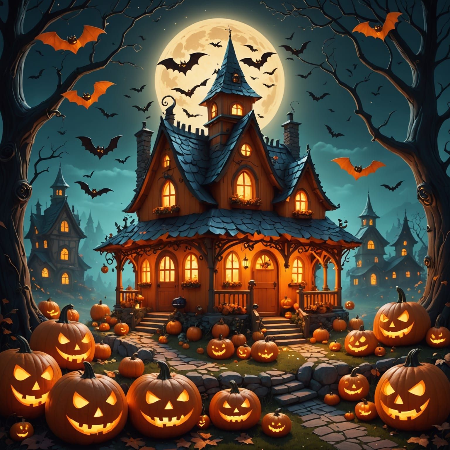 Glowing Pumpkin Cottage with Friendly Ghosts and Bats