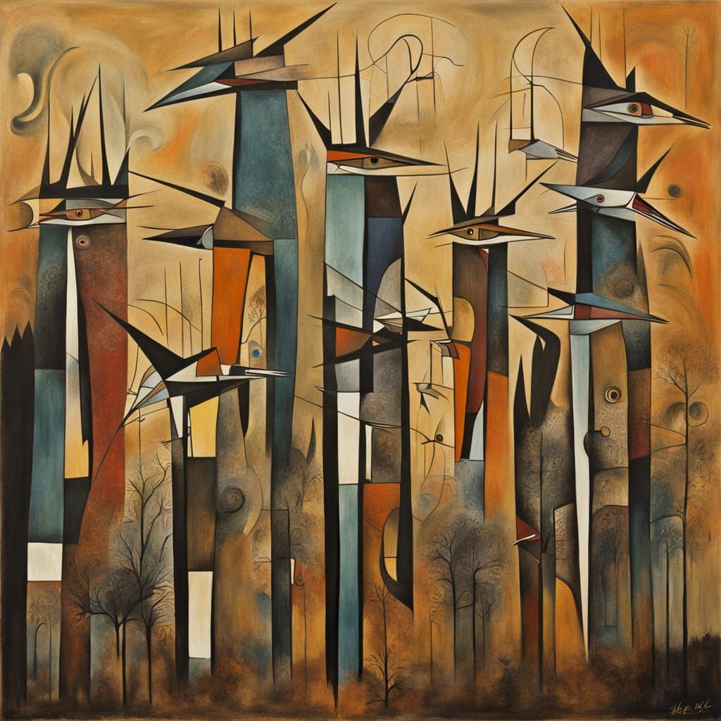 Surreal, Dreamlike Abstract Painting of Elongated Cranes