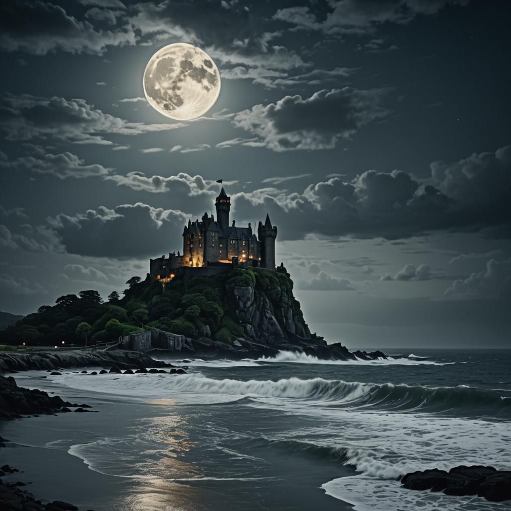 Moonlit Castle on Island: Cinematic Still