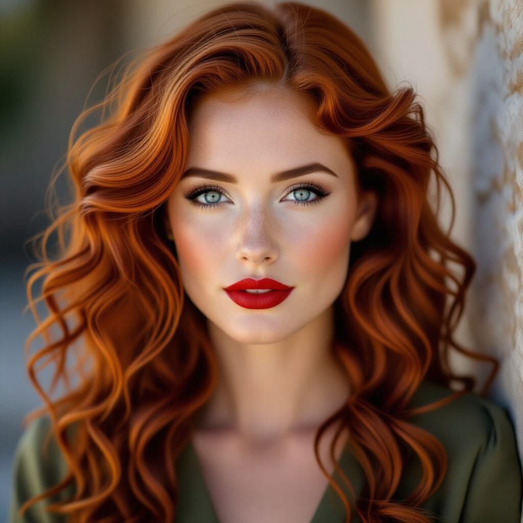 Beautiful Irish Woman with Red Curly Hair and Blue Eyes