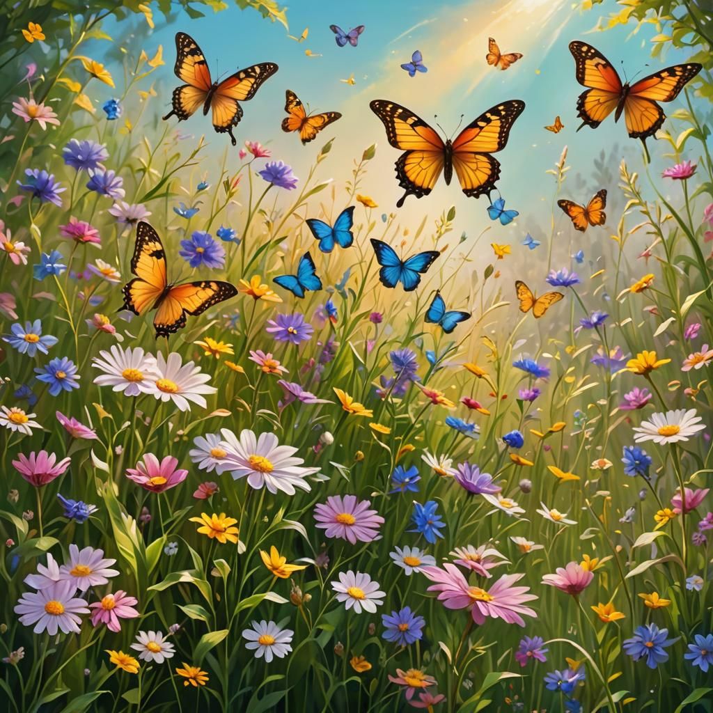 Dreamlike Meadow with Butterflies: Vivid Digital Art