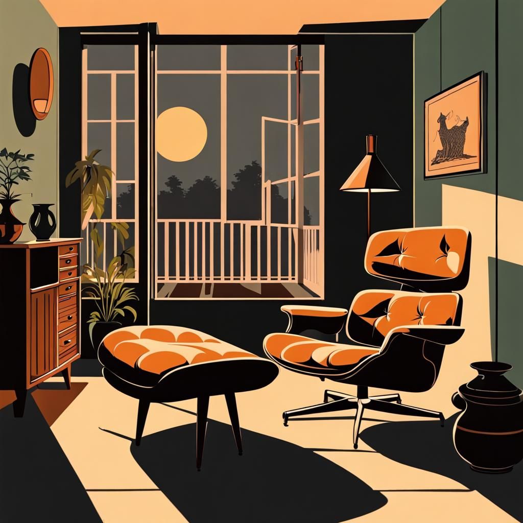 Retro Mid-Century Lounge with High Contrast Shadows