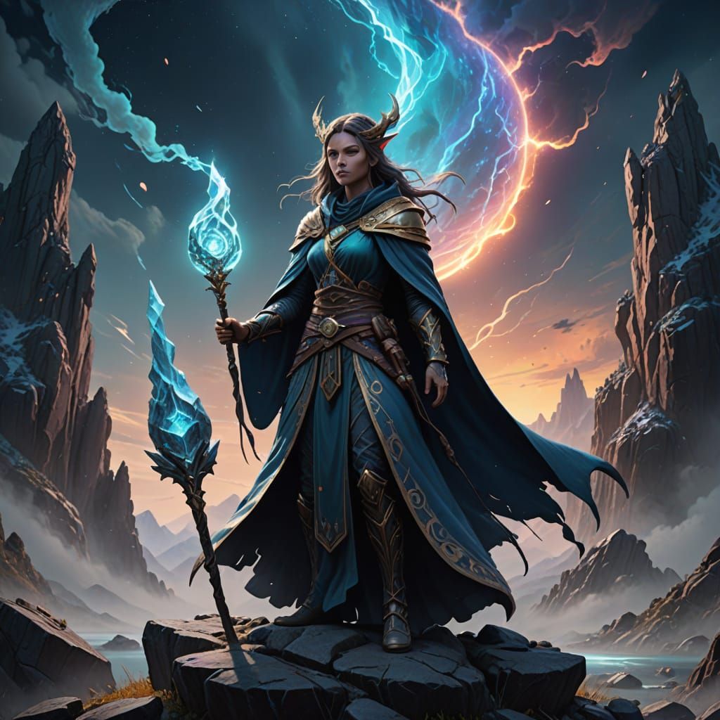 Mystical Sorceress Amidst Celestial Vortex