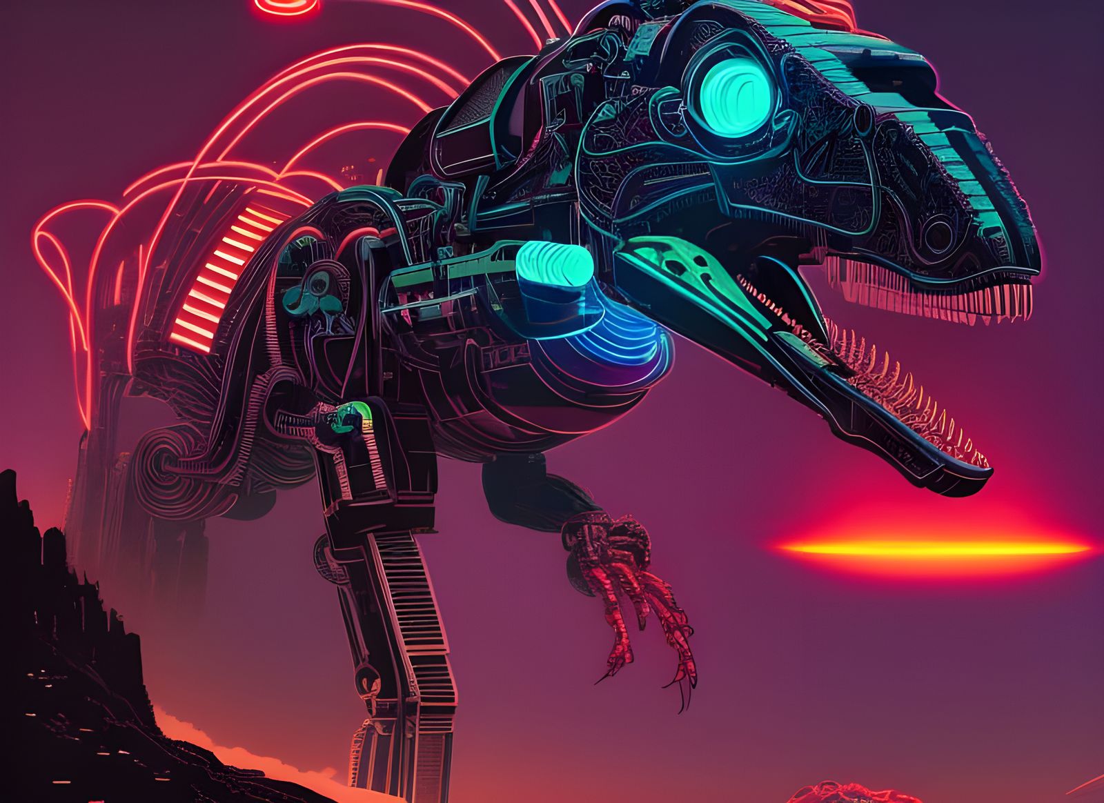 Cyberpunk T-Rex in Robot Control Room