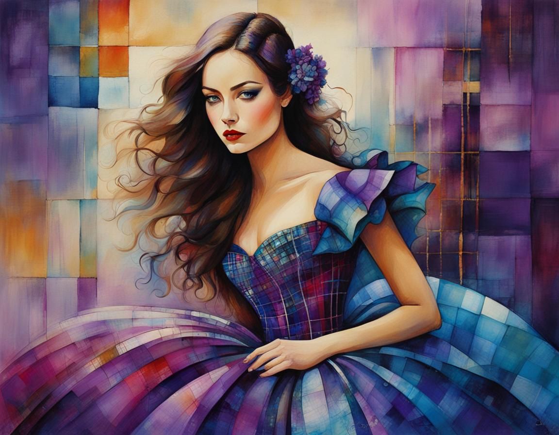 Woman in Plaid Ballgown: Surreal Whimsical Illustration