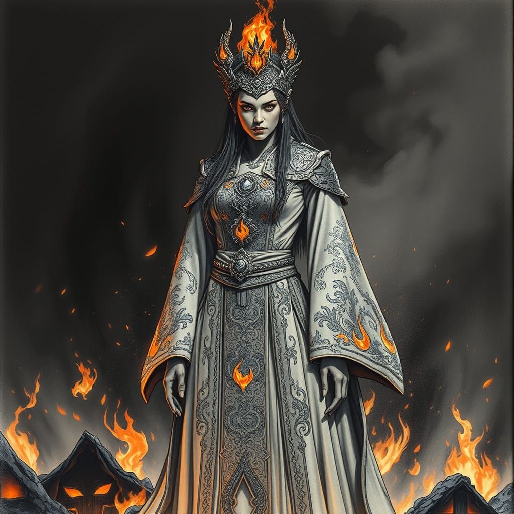 Dark Fantasy Fire Princess in Charcoal Hyperdetail