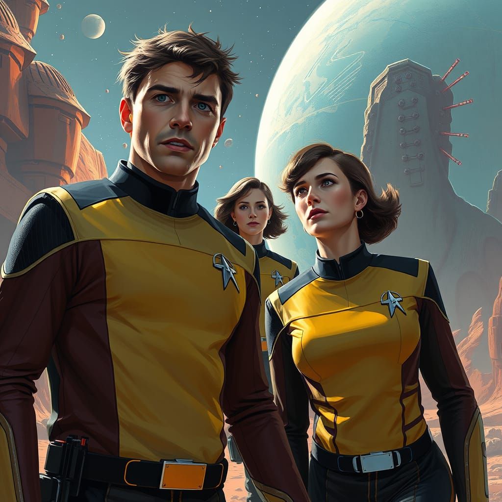 Starfleet Crew Exploring a Futuristic Planet