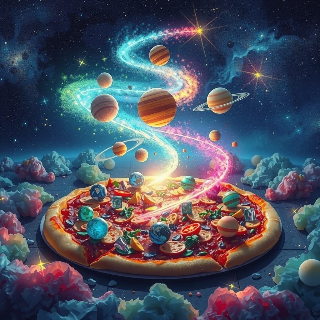 Galaxy Pizza with Swirling Stars and Planets
