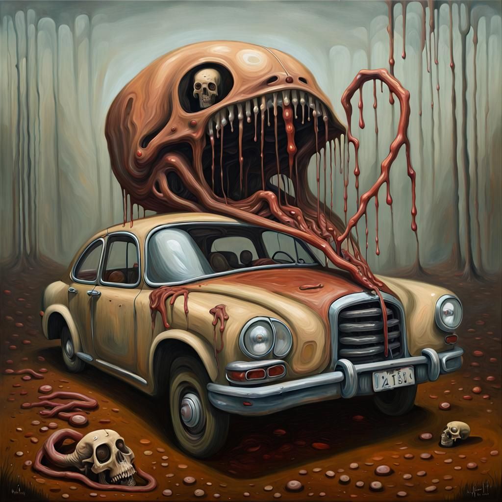 Surreal Car and Worm in Uncanny Valley Painting