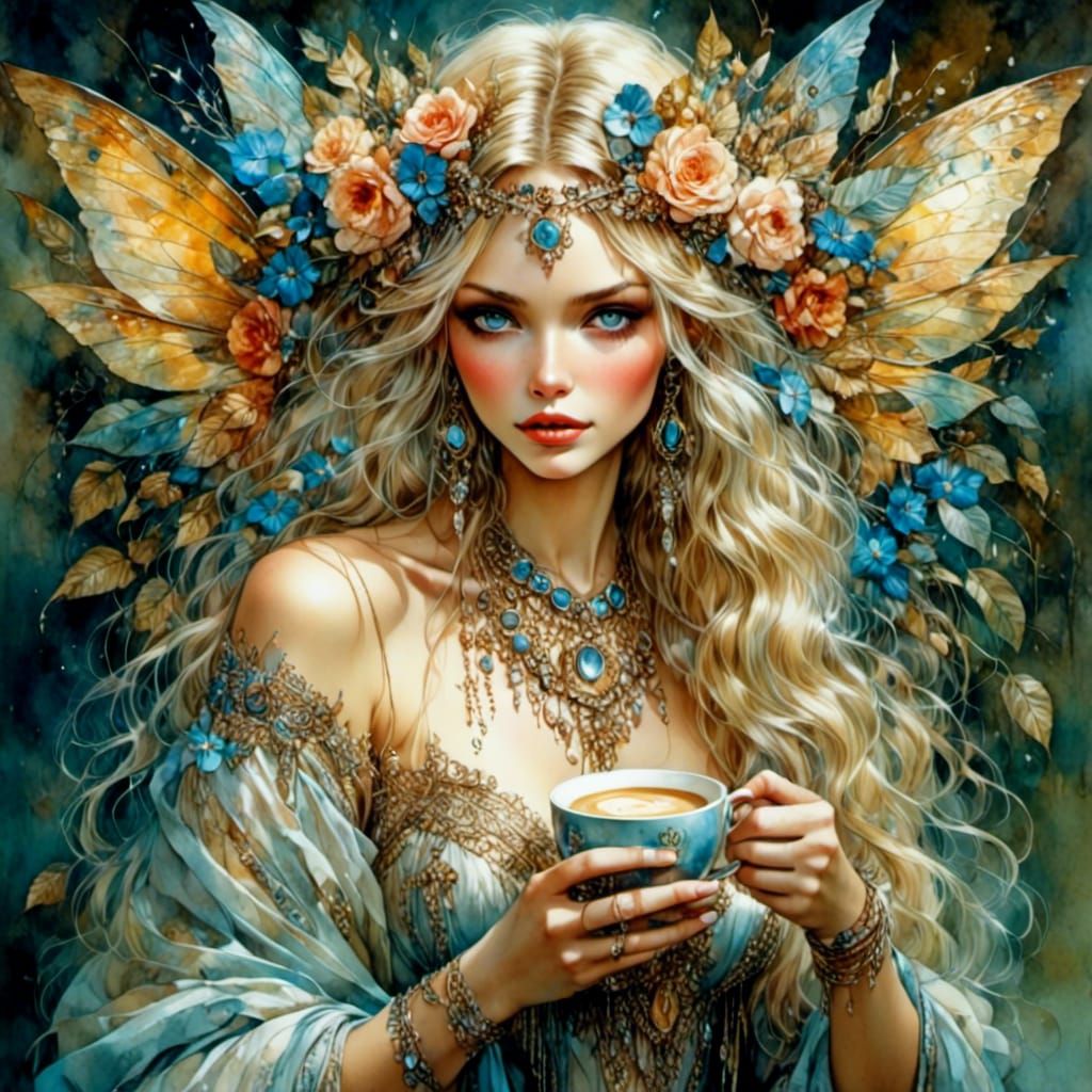 Fantasy Fairy Woman Sipping Coffee