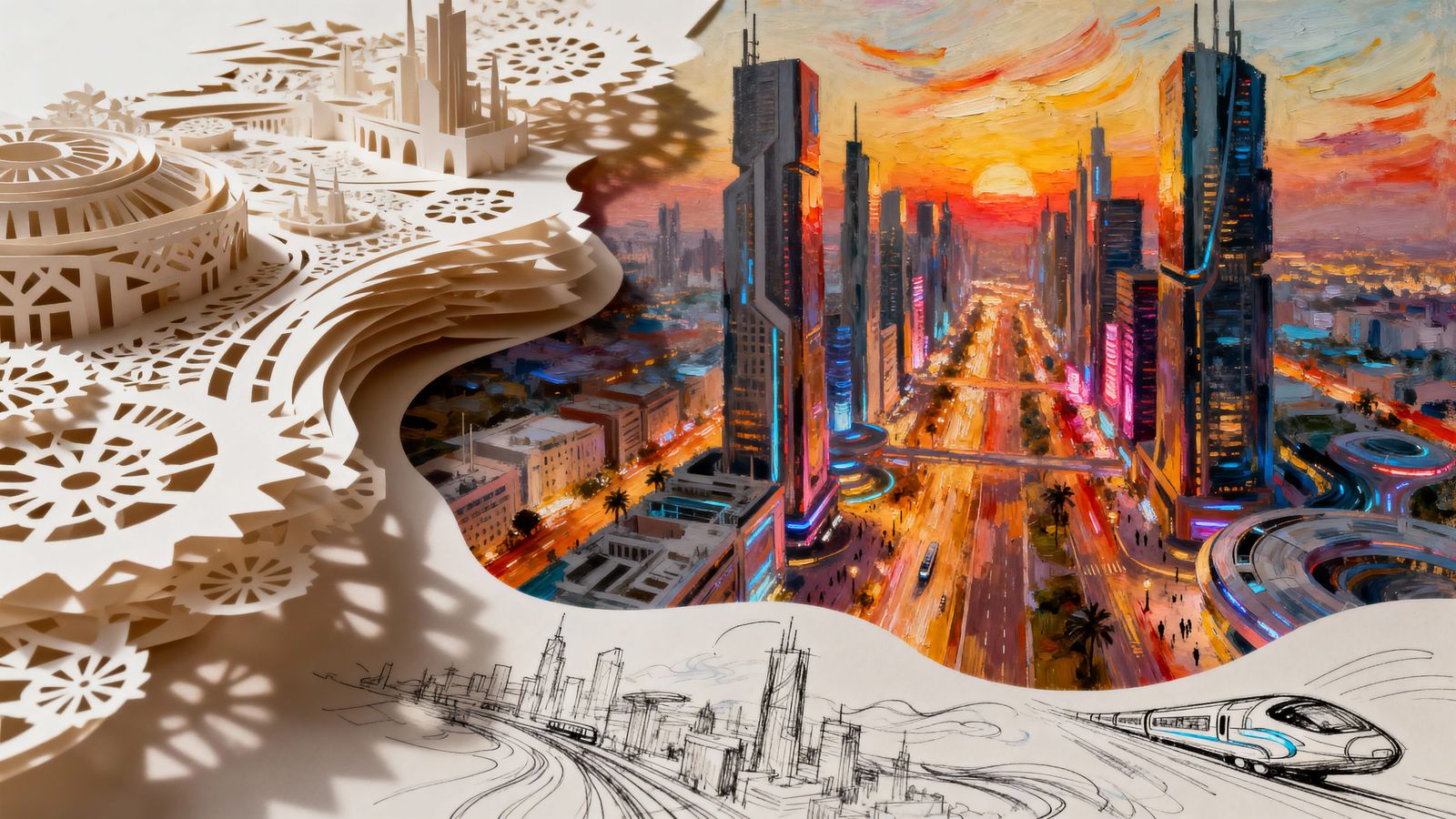 Dreamlike Futuristic City Aerial View in Mixed Media
