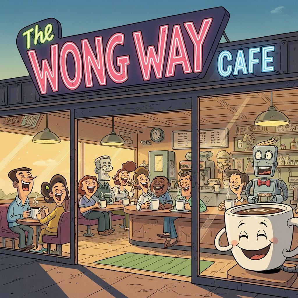 Whimsical Retro Cafe "The Wong Way" with Neon Sign