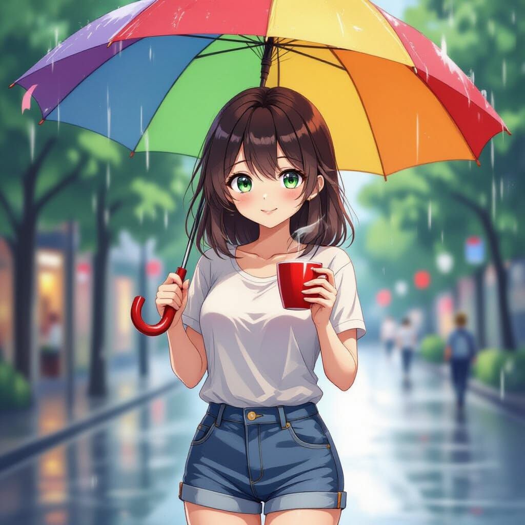 Anime Woman with Coffee in Rainy Morning