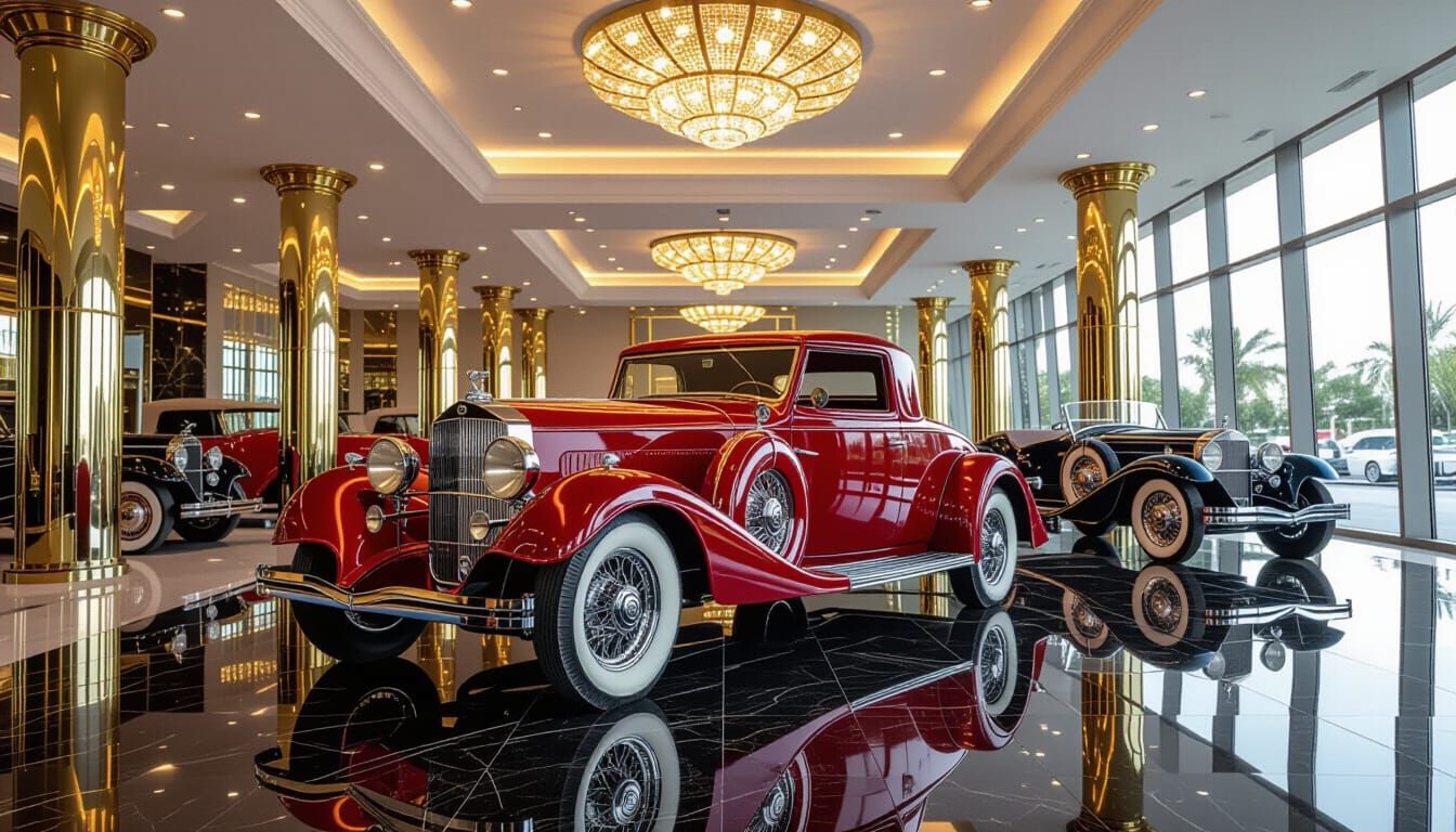 Vintage Red Coupe in Modern Art Deco Showroom