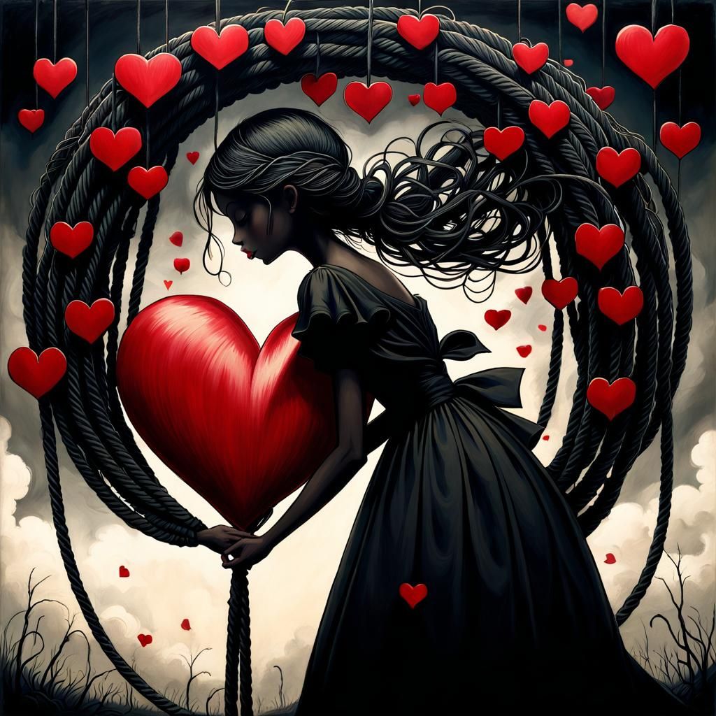 A Tormented Figure Bound by Red Heart Ropes in a Meticulousl...