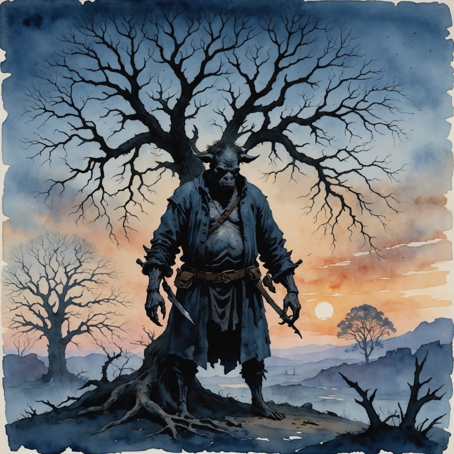 Ancient Tree and Pig-Headed Man in Twilight