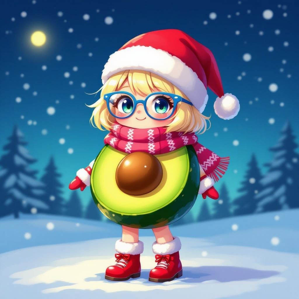 Kawaii Avocado in Pink Coat and Heels, Festive Scene