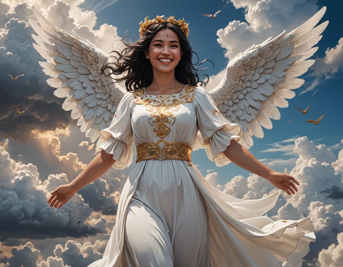 Smiling Angel Woman in Clouds, Detailed Digital Art