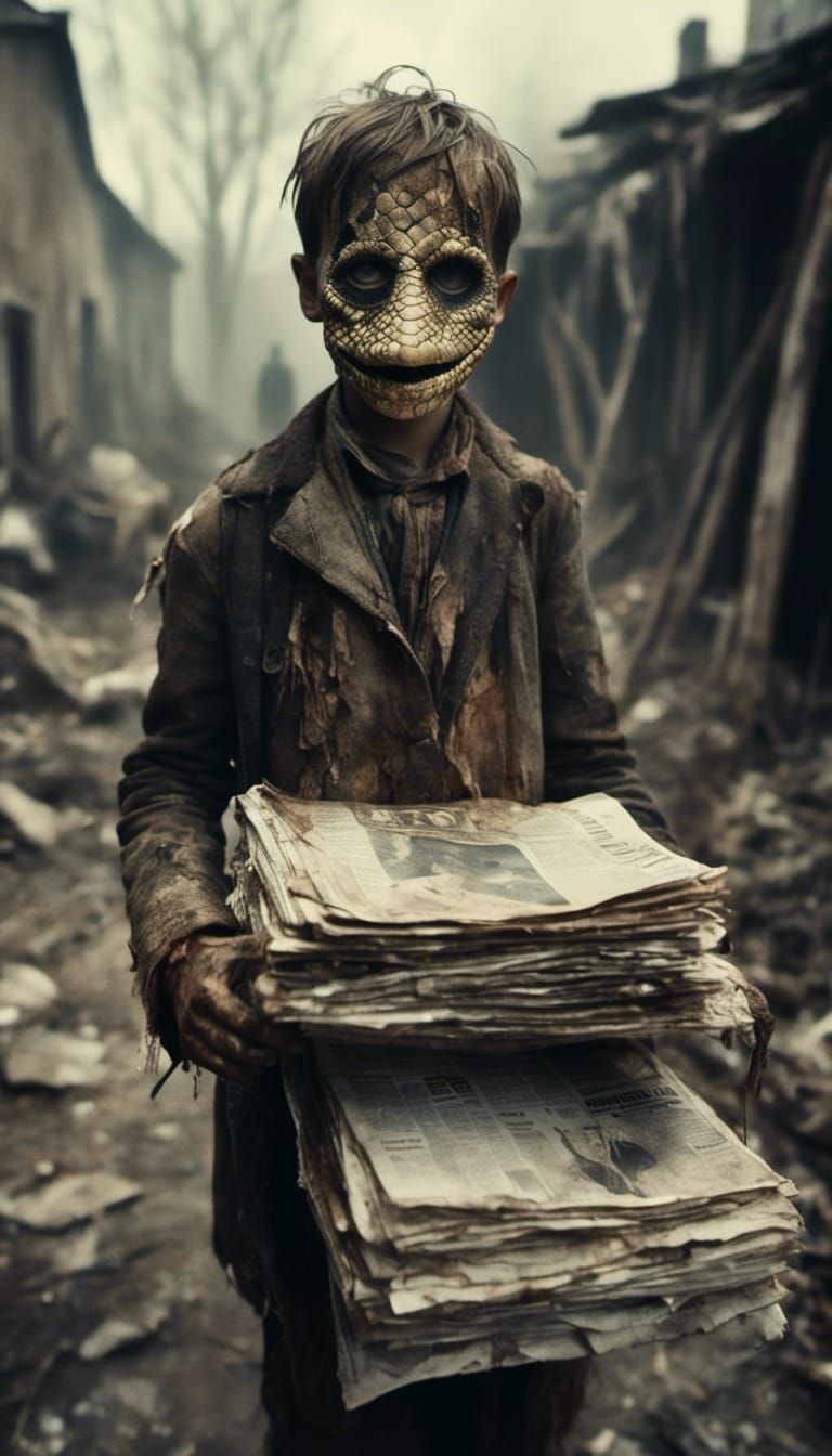 Boy with Snake Mask Selling Newspapers
