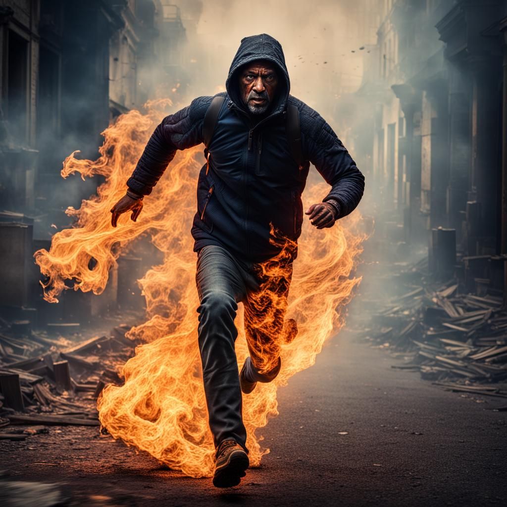 Man Ablaze: Hyperrealistic Cinematic Escape