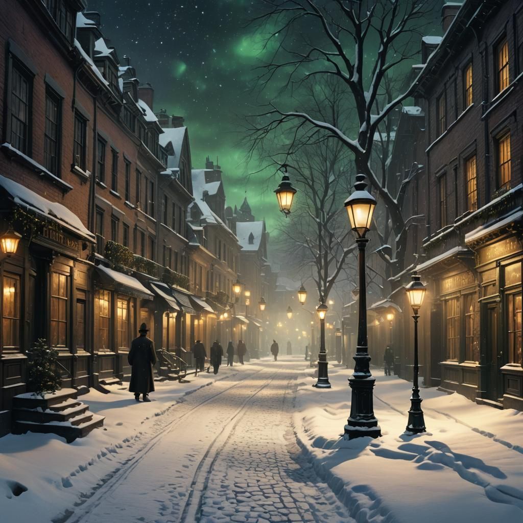 Snowy Christmas Carol Street in Magical Realism Style