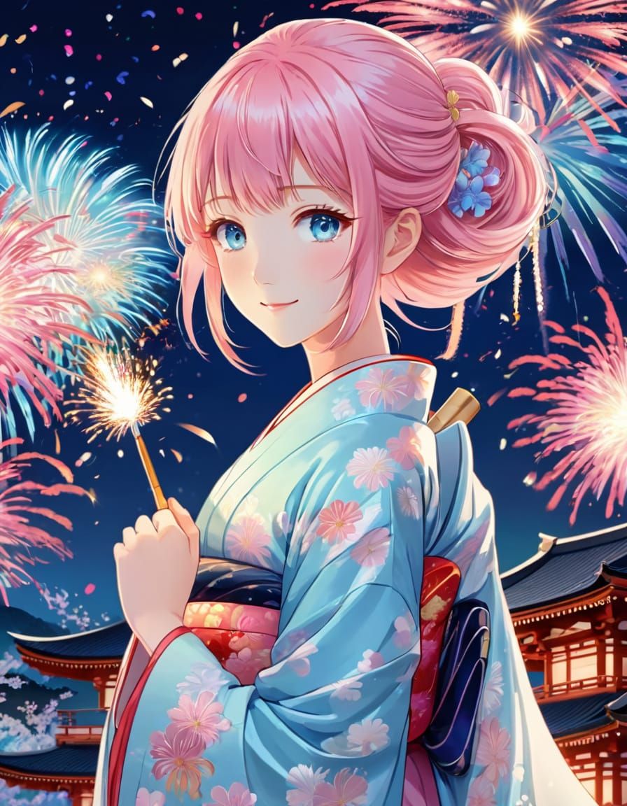 Anime Girl Radiates Joy in Vibrant Firework Celebration