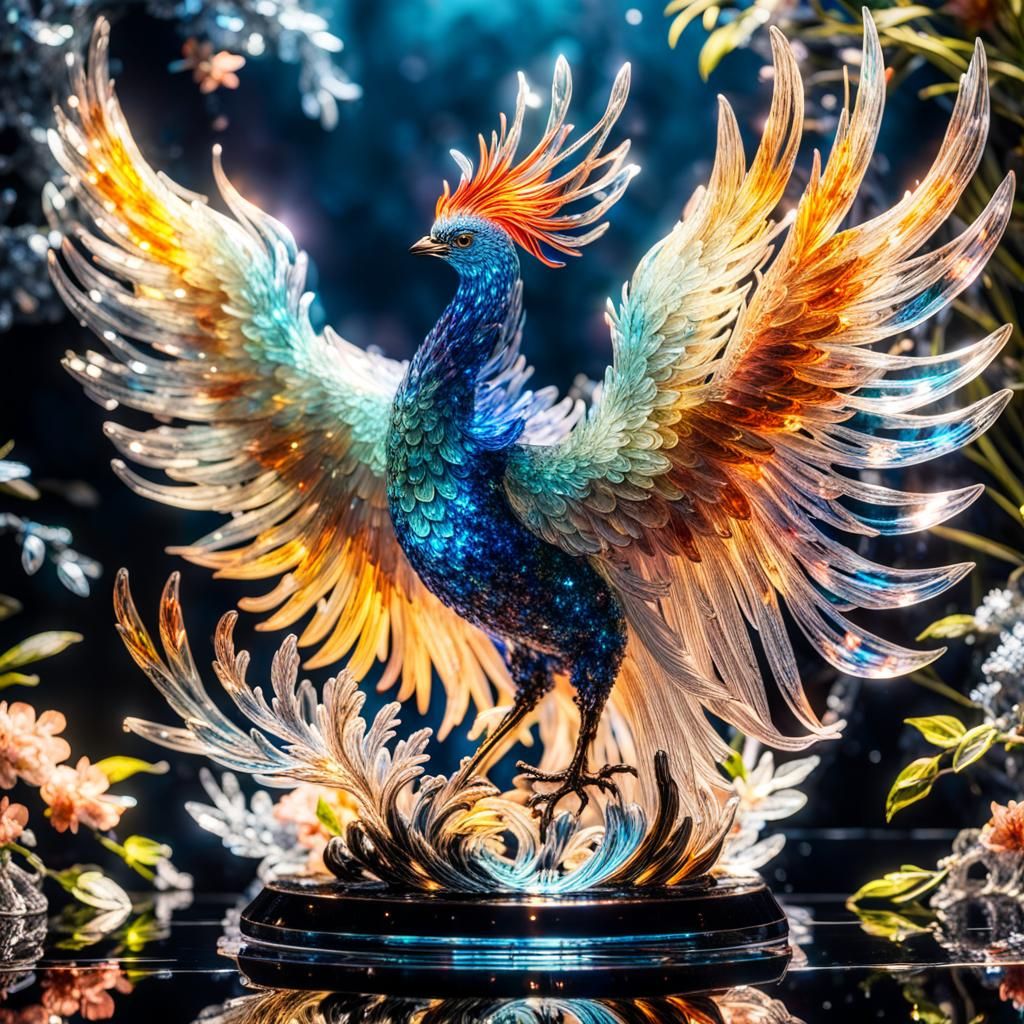 Bioluminescent Crystal Phoenix Sculpture with Flowers