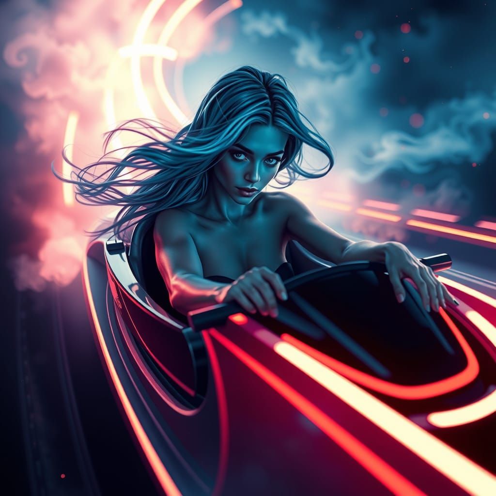 Neon Rollercoaster Ride with Ethereal Spirits